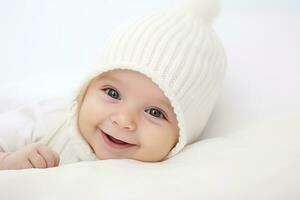 Adorable newborn baby in a white knitted cap smiles joyfully. Young child. Portrait on a white background with copy space. Advertising the products of a children's clothing store. AI Generated photo