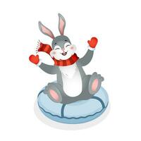 Cute bunny slide down on snow tubing. Year of rabbit. Chinese New year 2023 symbol. Vector illustration in cartoon style. Design element for greeting cards, holiday banner, decor