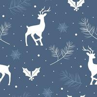 Seamless christmas pattern with reindeers and snowflakes. Beautiful winter or New Year background. Vector illustration in flat cartoon style. Perfect for fabric, package paper, wallpaper, textile