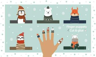 Finger puppet theater. Cut out template, glue and play. Zoo puppets for preschool or school. Game and education worksheet. Winter animals doll collection. Vector illustration in scandinavian style.