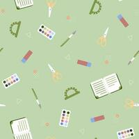 Seamless pattern with various school supplies on a green background. Vector illustration in flat style.