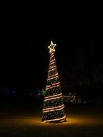 Christmas tree with light garlands at night photo