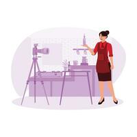 Young mother cooking in the kitchen and recording it with a camera, creating video blog content. Blog Creation concept. Trend Modern vector flat illustration