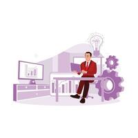 Mature businessman taking notes on a laptop and analyzing office marketing charts. Blog Creation concept. Trend Modern vector flat illustration