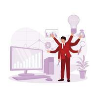 Businessman in a suit with many hands, working simultaneously in an office. Multitasking concept. Trend Modern vector flat illustration