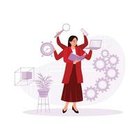 Businesswoman with many hands doing many jobs simultaneously. Multitasking concept. Trend Modern vector flat illustration