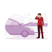 The businessman has a car engine failure on the road and is waiting for help from the towing service. Marketing Trends concept. vector