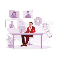 Middle-aged businessman working at the computer. Conduct virtual meetings and video calls. Project Management concept. Trend Modern vector flat illustration