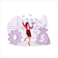 A woman is passionate about shooting money after business success. Save Money concept. Trend Modern vector flat illustration
