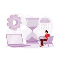 Busy businesswoman working in front of laptop completing deadline work. Hourglass background. Deadline concept. Trend Modern vector flat illustration