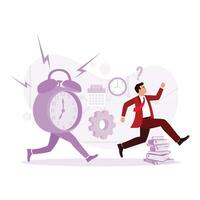 Male employee running away from the alarm clock that was chasing him. Deadline concept. Trend Modern vector flat illustration
