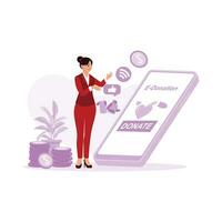 Businesswomen make donations via cell phone. E-donation. Donate concept. Trend Modern vector flat illustration