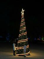 Children touching conical Christmas tree in city photo