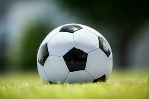 Soccer ball on green lawn photo