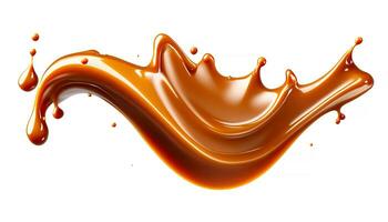 Delicious melted caramel texture. Flow, wave and drops splash caramels sauce. Sweet food isolated on white background. AI Generative photo