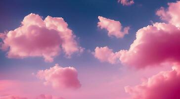 Pink fluffy soft clouds. Beautiful cloudy sky. Dream cloud of heaven. Nature background or backdrop. AI Generated photo