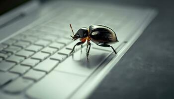 Beetle attacks and destroys electronics. Concept of computer virus and malicious software code. AI Generated photo