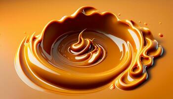 Delicious melted caramel texture. Flow, wave and drops splash caramels sauce. Sweet food design background. Generative ai photo