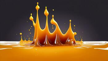 Delicious melted caramel texture. Flow, wave and drops splash caramels sauce. Sweet food design background. Generative ai photo