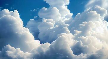 Fluffy soft clouds. Beautiful cloudy sky. Dream cloud of heaven. Nature background or backdrop. AI Generated photo