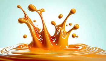 Delicious melted caramel texture. Flow, wave and drops splash caramels sauce. Sweet food design background. AI Generated photo