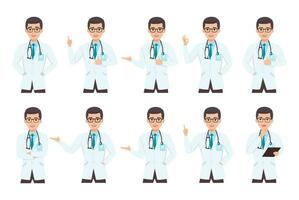 Doctors with stethoscope set in different poses. Vector illustration