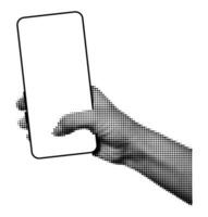 Halftone hand holding smartphone vertically vector illustration