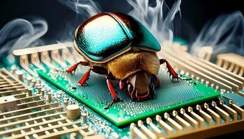 Beetle attacks and destroys electronics. Concept of computer virus and malicious software code. AI Generated photo