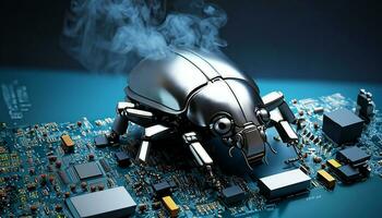 Beetle attacks and destroys electronics. Concept of computer virus and malicious software code. Generative ai photo