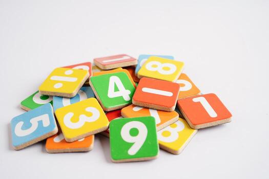 Number wood block cubes for learning Mathematic, education math concept. photo