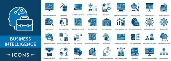 Business Intelligence icon vector line set. Contains linear outline icons like Data Visualization, Data Management and Analysis, Analytic Service, Risk Management, Strategy