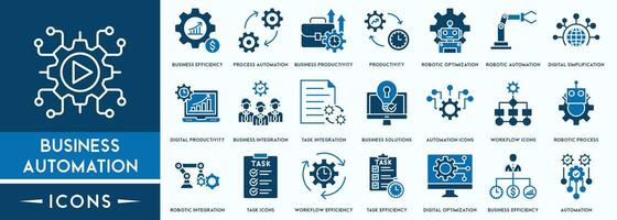 negocio automatización icono colocar. máquina aprendizaje línea iconos robótica, iot, biométrico, dispositivo, chip, robot, nube informática y automatización icono vector