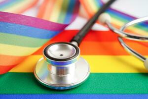LGBT symbol, Stethoscope with rainbow ribbon, rights and gender equality, LGBT Pride Month in June. photo