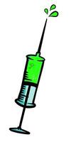 Cute colorful Doodle syringe with medicine, hand drawn.Green liquid. Three drops. Vector illustration for medical or humor articles.