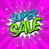 Super sale banner Pop art burst trendy background comic style template design. Speech bubble  sound halftone and rays with expressive Super Sale text, stars, sparks and Lines on bright pink background vector