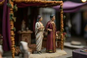 miniatura dos personas en amor en antiguo romano ropa o togas. juguete pequeño marido y esposa en retro Clásico estilo. residentes de el antiguo imperial ciudad reído con generativo ai tecnología foto