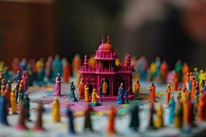 Indian holiday holi diorama. Miniature Colored people with paints celebrate the Hindu beginning of spring. Bright colorful concept created with Generative AI Technology photo