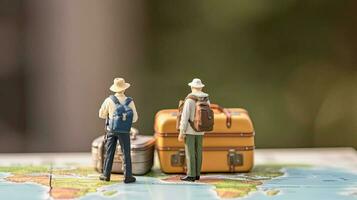 Miniature tourist stands at geographical map. Little toy man. Vacation of traveler and explorer. Concept for travel company and weekend created with Generative AI Technology photo