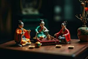 Miniature tea ceremony. Small diorama of Chinese people in ancient traditional clothes drinking herbal tea. Concept of tea drinking, Buddhism, created with Generative AI Technology photo