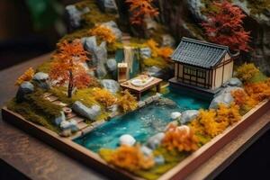 Diorama of Japanese garden. Hot spring, toy holiday home. Miniature of Japanese resort created with Generative AI Technology photo