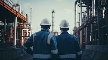 Two workers, rear view, at an oil refinery. Industrial pipes in the background. Engineers in working uniforms control the process, reated with Generative AI Technology photo