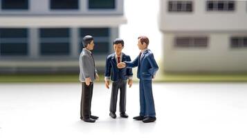 Young businessmen and financial negotiations. Small toy group of people in miniature style. Business team concept created with Technology photo