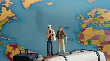 Miniature tourist stands at geographical map. Vacation of traveler and explorer. Concept for travel company and weekend. Little toy man created with Generative AI Technology photo