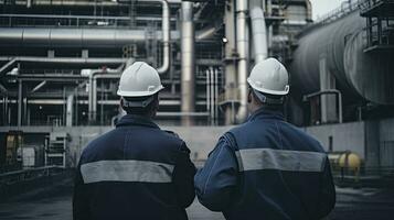 dos trabajadores, posterior vista, a un petróleo refinería. industrial tubería en el antecedentes. ingenieros en trabajando uniformes controlar el proceso, reído con generativo ai tecnología foto