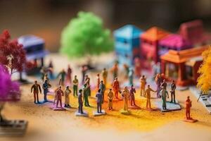 Indian holiday holi diorama. Miniature Colored people with paints celebrate the Hindu beginning of spring. Bright colorful concept created with Generative AI Technology photo