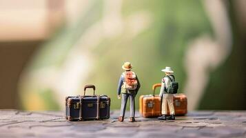 grupo de turistas en naturaleza. miniatura viajeros con mochilas pequeño juguete hombres en caminata. turista concepto de vacaciones y fin de semana creado con generativo ai tecnología foto