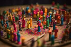 Indian holiday holi diorama. Miniature Colored people with paints celebrate the Hindu beginning of spring. Bright colorful concept created with Generative AI Technology photo