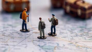 Miniature tourists stand on world map. Group of little toy travelers. Concept of travel, recreation and vacations created with Generative AI Technology photo