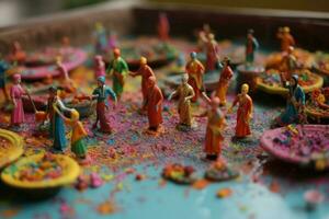 Indian holiday holi diorama. Miniature Colored people with paints celebrate the Hindu beginning of spring. Bright colorful concept created with Generative AI Technology photo