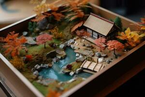 Diorama of Japanese garden. Hot spring, toy holiday home. Miniature of Japanese resort created with Generative AI Technology photo